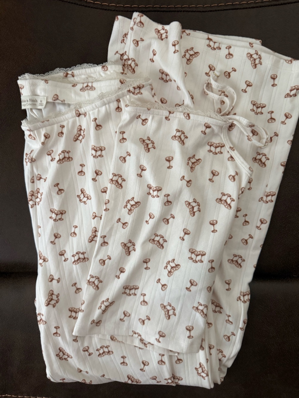 Abercrombie & Fitch White Pajama Matching Set with Brown Novelty Print